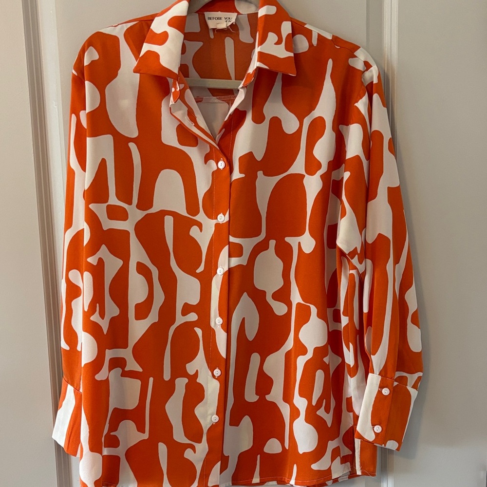 Vibrant Orange and White Button Up Blouse